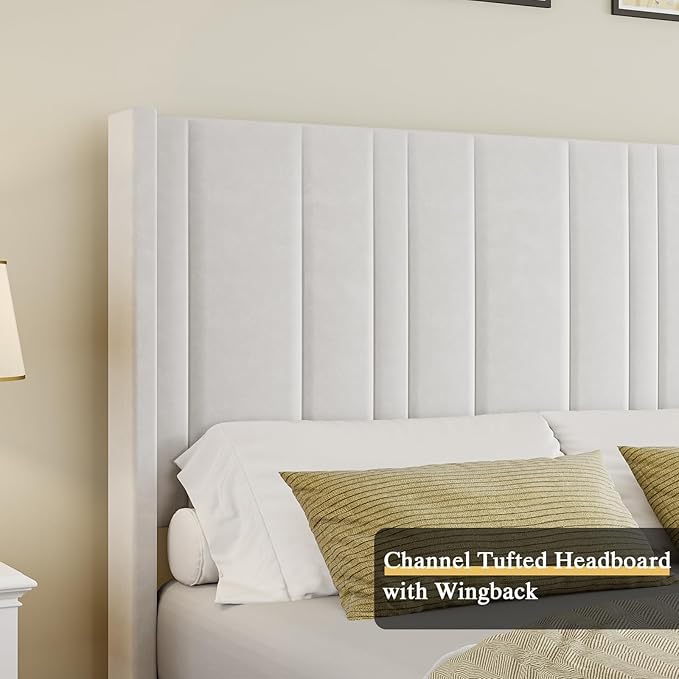 HOMBCK Full Bed Frame Upholstered Bed with Vertical Channel Tufted Headboard & Footboard/Wooden Slats/No Box Spring Needed/Easy Assembly, Cream