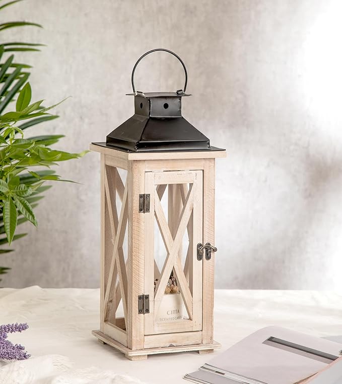 TIMRIS Large Wooden Candle Lanterns Decorative Set of 2, Rustic Farmhouse Whitewash Floor Lanterns, Indoor/Outdoor Hanging Lanterns for Home Decor (No Glass)