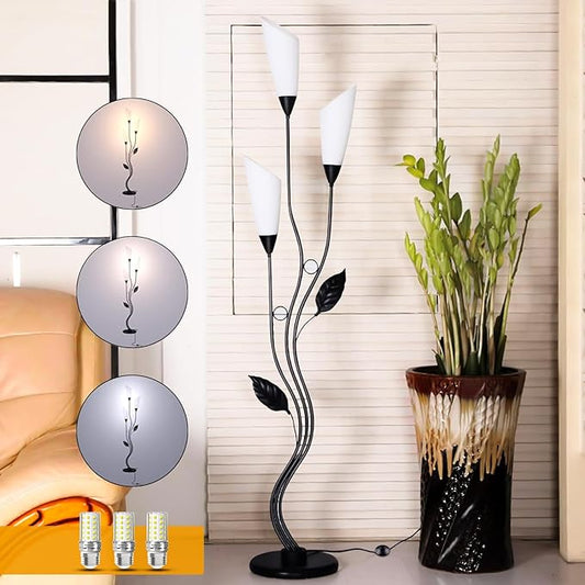 JBZ Flower Floor Lamp for Living Room, 62" Tall Pole Lamp with Foot Switch, with 3 Heads Dimmable LED Lamps for Farmhouse Rustic Bedroom Office, with Plug and 1200LM, 3 Color Temperatures E27