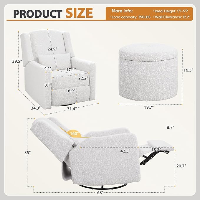 Power Recliner Chair Swivel Glider, Large Rocker Recliner w/USB Charging Port, Boucle Upholstered Swivel Rocker Glider Recliner for Nursery,Bedroom,Living Room,Set of 2,Cream