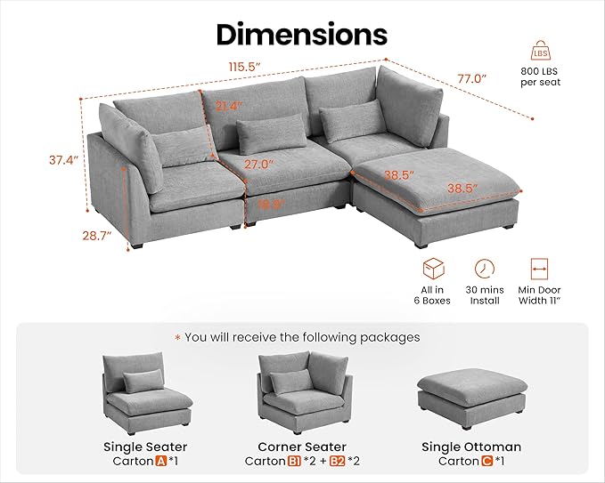 Oversized Modular Sofa, Extra Deep Cloud Chenille Sectional Couch with Ottoman Chaise, Fluffy Chenille 4 Seat L-Shaped Sofa for Living Room, Villa (L Shape 4 Seater, Chenille Grey)