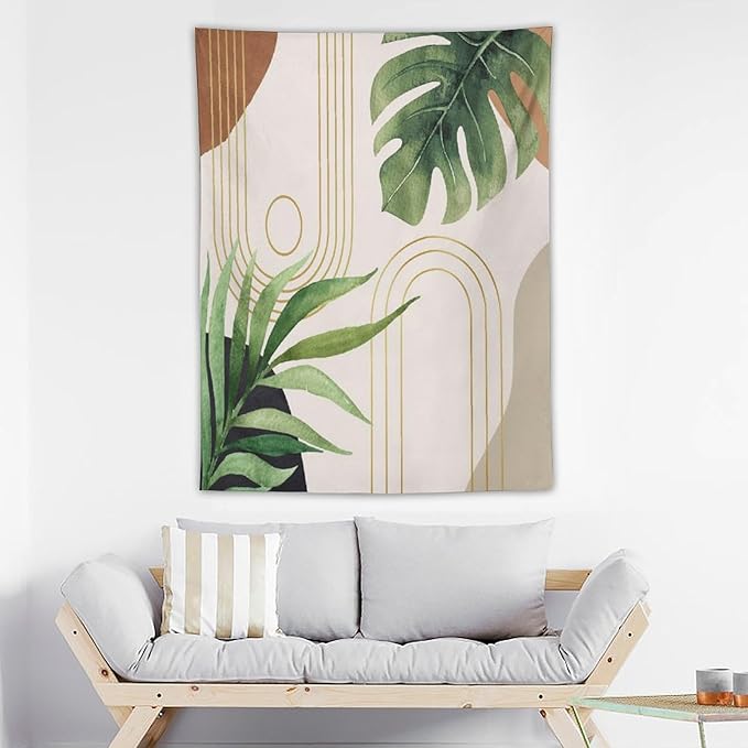 Abstract Boho Tapestry, Mid Century Tropical Tree Leaves Modern Geometric Arch Bohemian Botanical Tapestry, Home Aesthetic Wall Hanging Art Decor for Living Room Bedroom Dormitory 60x60 Inch