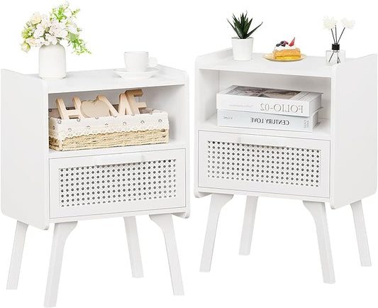 Lerliuo Rattan Nightstands Set of 2, Side Table with Drawer Open Shelf, Cane Accent Bedside End Table with Solid Wood Legs, Mid Century Modern Night Stand for Bedroom, Dorm and Small Spaces (White)