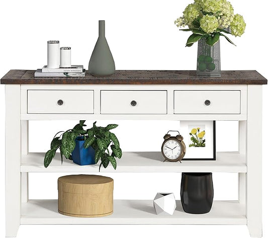 Solid Wood Console Table,Sofa Table with Storage Drawers and Bottom Shelf,Entryway Table for Entry Hallway Foyer Sofa Couch Table,Fully Assembled (48.8" Antique White)