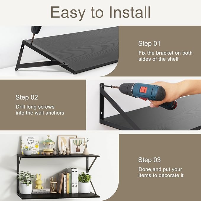 Fun Memories 27.5" W x10 D Floating Shelves, Black Wall Shelf with Brackets, 10 Inch Deep Floating Shelf Set of 2, Large Storage Kitchen Living Room Bathroom Shelves, Wood Wall Mounted Shelf
