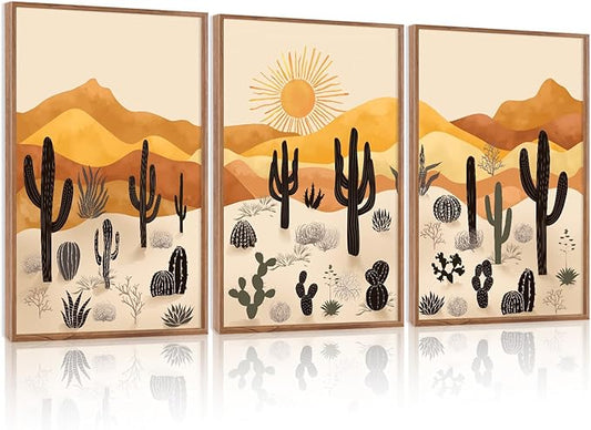 KAIRNE Cactus Canvas Wall Art,Desert Landscape Paintings,Aesthetic Abstract Prints Set of 3(16”X24”),Minimalist Farmhouse Wall Decor,Abstract Boho Artwork for Living Room Bedroom Office Decoration