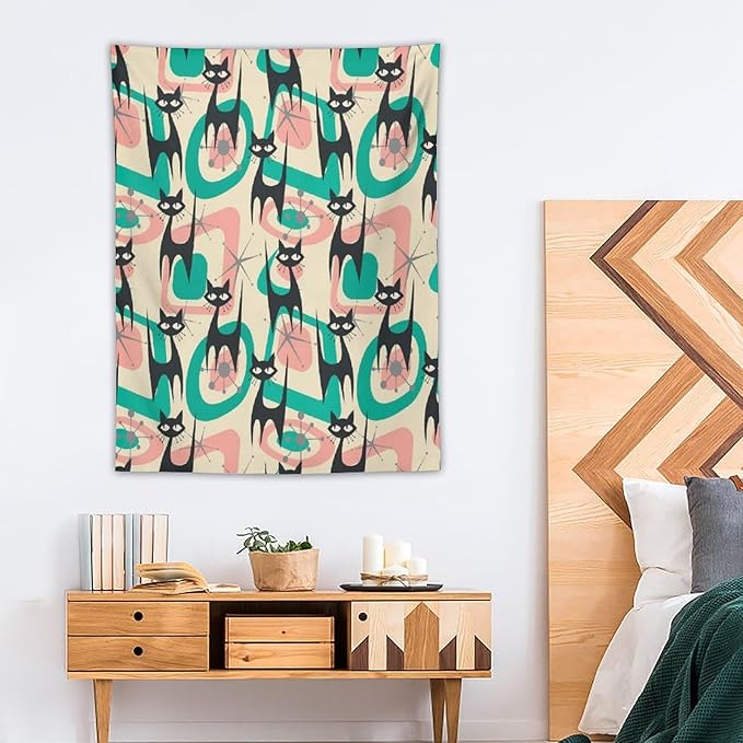 ICMOLYYENLO Boho Medieval Cat Tapestry, Abstract Atomic Starburst Geometric Aesthetic Art Wall Hanging For Bedroom Living Room Dormitory 60x80 Inches