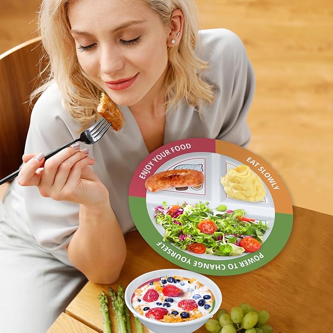 4 Pcs Portion Control Plates & Bowls Set (9 Inch), Self-Measuring for Weight Loss, Gastric Bypass, LapBand, Diabetes, & Healthy Diets, Divided Nutrition Plates for Adults & Children