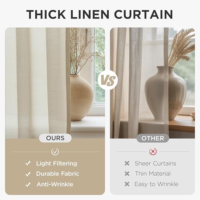 Joydeco Linen Curtains for Living Room,Light Filtering Rod Pocket Back Tab Semi Sheer Drapes Window Long Curtains 63 inches Long Ivory