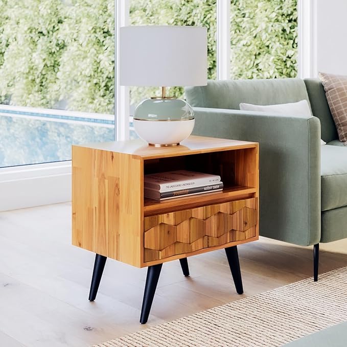 Bme Georgina Solid Wood Nightstand With 1 Drawer & Open Shelf- Fully Assembled Mid Century Modern Side Table - Geometric Pattern Bedside Dresser for Bedroom and Living Room