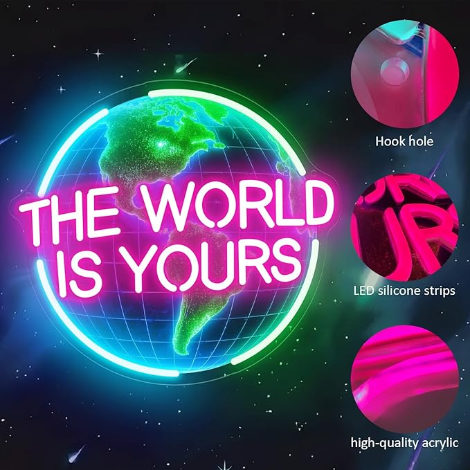 The World Is Yours Neon Sign for Wall Decor, Earth Neon Light with Dimmer, for Man Cave Boy Room Decor, Gift for Man Boyfriend, Decoration USB Powered with Switch
