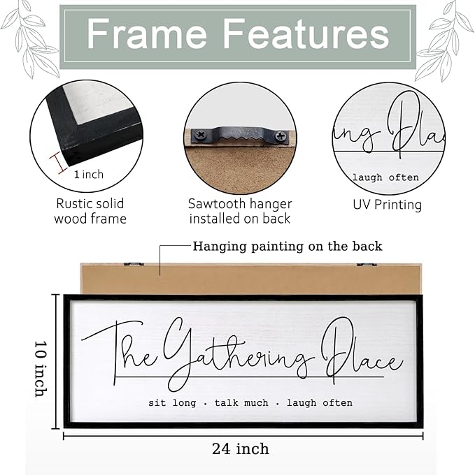The Gathering Place Wall Decor Art 24"X10" for Dining Room gather Kitchen Wall Wooden Framed Sign (Black)