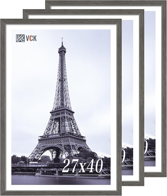 VCK 27x40 Poster Frame Set of 3, Gray Solid Wood Picture Frame, Exclusive Wood Grain, Wall Mounting Hanging