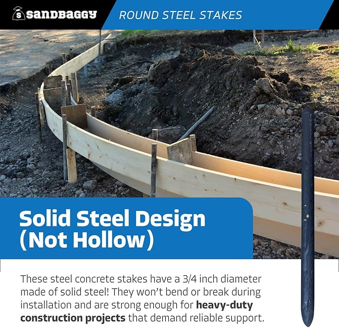Sandbaggy Round Steel Concrete Form Stakes with Nail Holes - Rust Resistant Coating - Removable, Reusable (40, 3/4 in X 12 in)