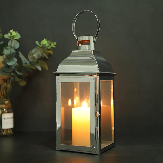 JHY DESIGN Silver Decorative Lanterns 12.5''High Stainless Steel Candle Lanterns with Tempered Glass for Indoor Outdoor Events Parities and Weddings Vintage Style Hanging Lamps