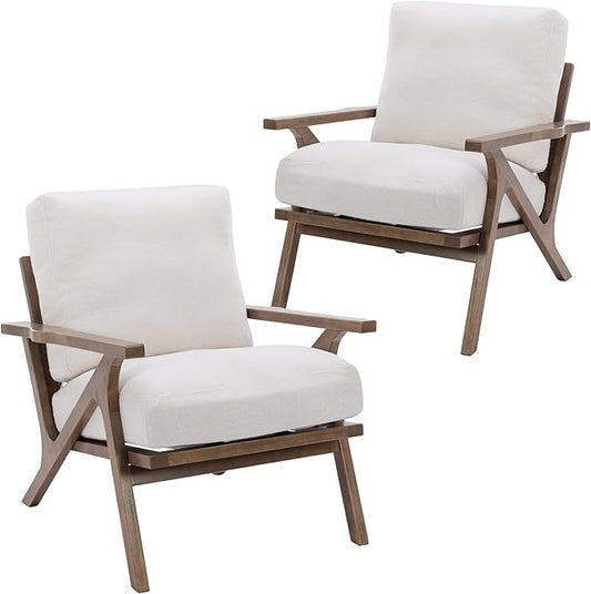 Wahson Set of 2 Mid Century Chair, Upholstered Accent Armchairs, with Wood Frame and Linen Cushions, Leisure Slipper Chair for Living Room/Bedroom, Cream