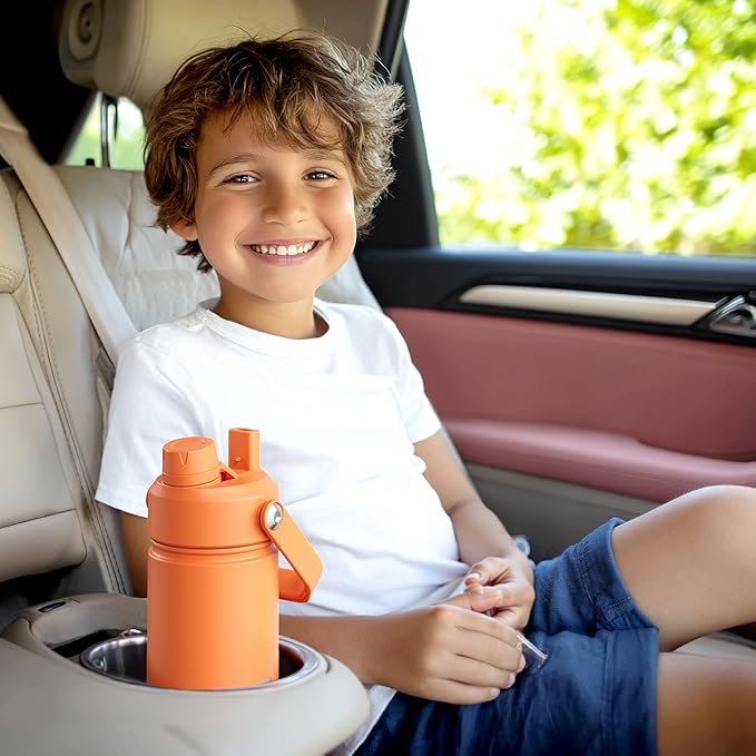 Kids Insualated Water Bottle with Straw - 12oz Stainless Steel Water Bottle with Dual Spouts, Leak-Proof, BPA-Free, Double Wall Vacuum Keeps Cold for 24 Hours for Sports, Travel, School (Elfin Yellow)