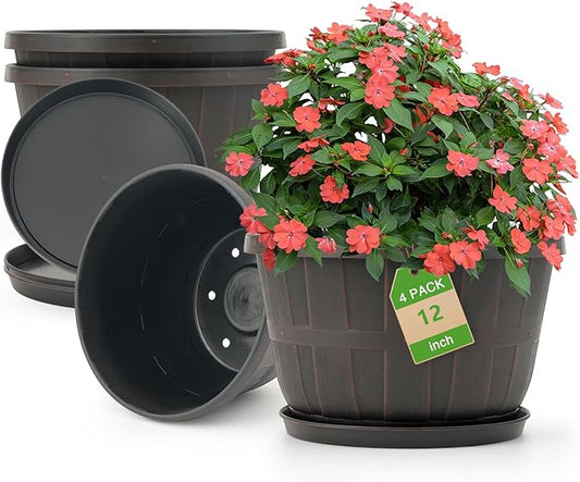 Quarut 12 Inch Large Planter Pot for Plants Indoor Outdoor, 4 Pack Plastic Flower Pots with Drainage Hole & Tray, Modern Decorative Garden Pot with Saucer, Plant Container for House（Brown）