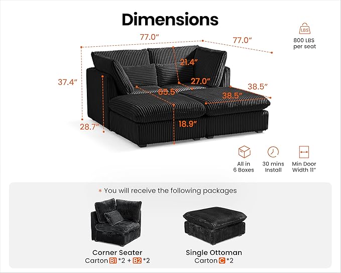Oversized Modular Sofa, Extra Deep Cloud Corduroy Sectional Couch with Ottoman Chaise, Fluffy Corduroy 4 Seater Couch Bed for Living Room, Villa (Sofa Bed 4 Seater, Corduroy Black)