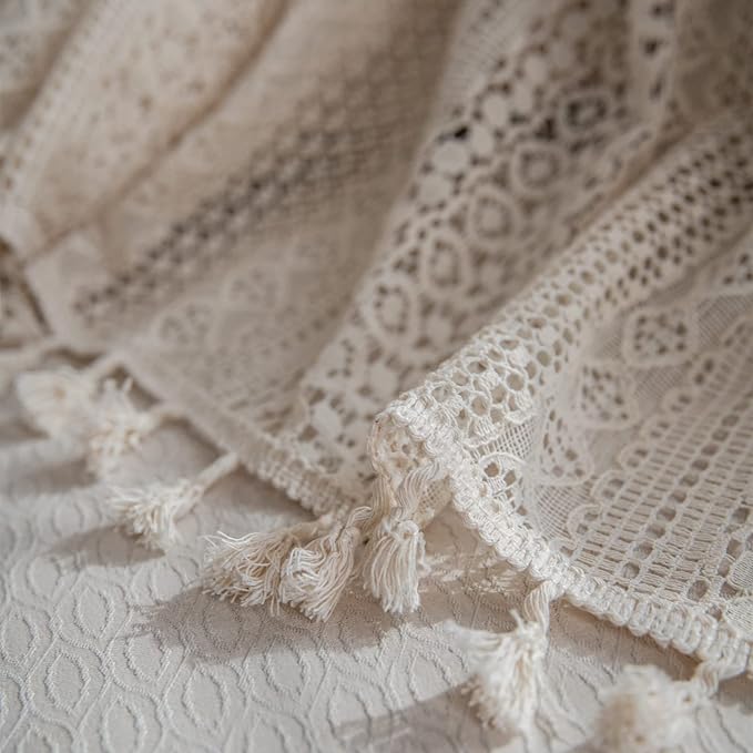 Sutuo Home Boho Curtains Crochet Lace Semi-Sheer Bohemian Hollow Knitted Handmade Tassels, Rod Pocket Window Treatment Vintage Rustic Farmhouse Drapes for Living Bedroom, 1 Panel 59" W x 72" L, Beige