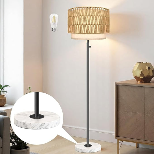 Floor Lamp for Bedroom,Dimmable Rattan Floor Lamp,Modern Standing Lamp with Marble Base,Tall Standing Lamp for Bedroom, Reading,Office & Kids' Room,LED Bulb Included(Rattan)