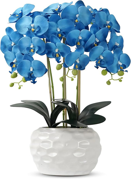 Orchid Artificial Flowers with White Vase Large Silk Faux Phalaenopsis Flowers for Dining Room Table Floral Centerpieces Indoor Decoration,Blue