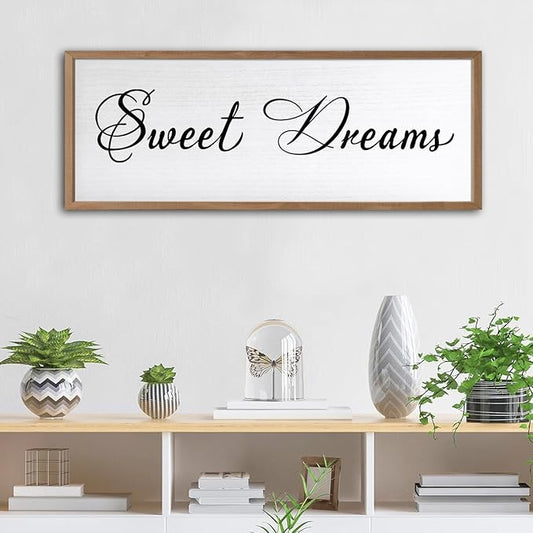 Sweet Dreams Wall Decor Above Bed 32x12 Inch Large Master Bedroom Hanging Wood Rustic Framed Farmhouse Sweet Dreams Sign Guest Room Aesthetic And Minimalist Over Bed Wall Art（Wood White）