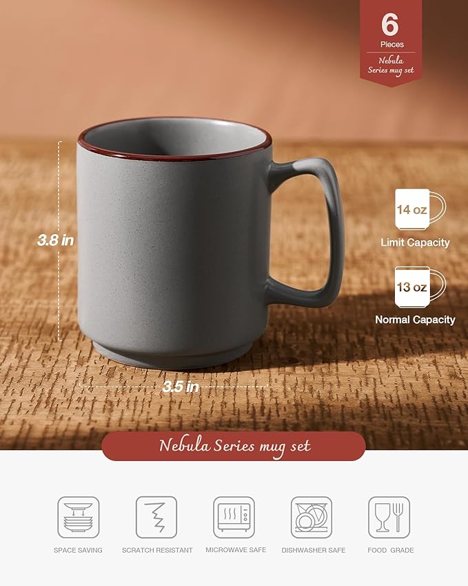 famiware Coffee Mugs Set of 6, Nebula 14oz Coffee Mugs, Ceramic Cup Set with Handle for Latte, Tea, Milk, Cappuccino, Cocoa, Dark Gray
