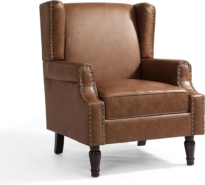 UIXE PU Leather High Back Accent Chair, Upholstered Armchair for Living Room, Retro Wingback Arm Chair Nailhead Trim Single Sofa Bedroom Reading Seat with Solid Wood Legs - Brown