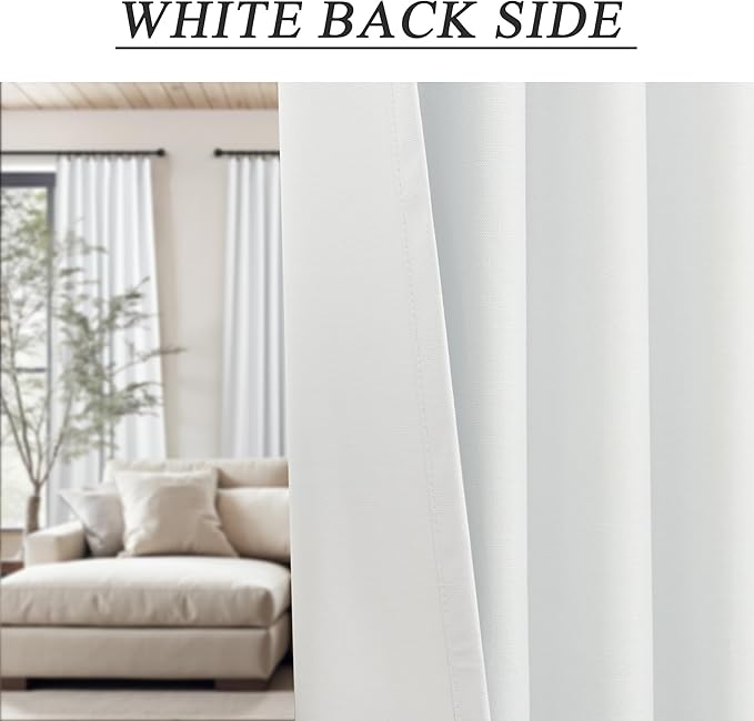 Elegant 100% Blackout White Curtains 144 Inch Long Extra Wide Large 12ft Length Lightweight Linen Textured Thermal Insulating Curtains & Drapes for Living Room Bedroom Window Patio Door Sliding Glass