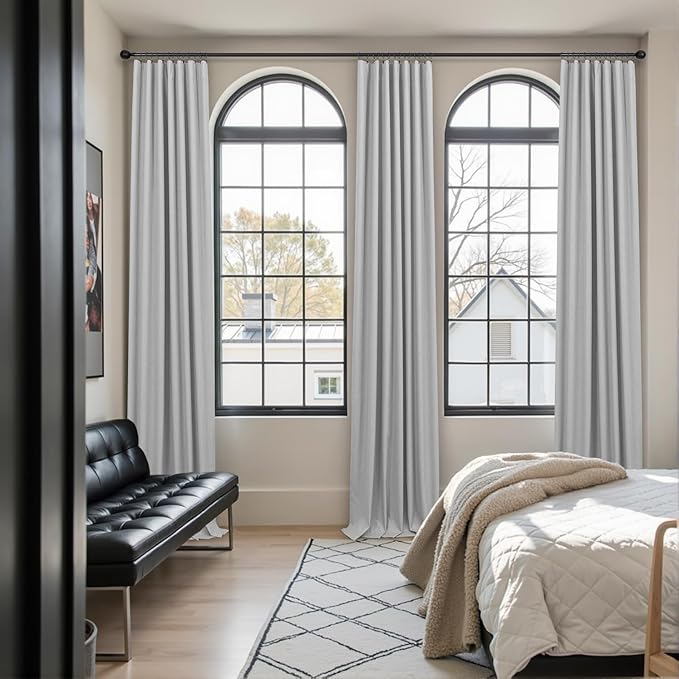 Elegant Light Grey 100% Black Out Curtains 96 Inch Length 2 Panel for Living Room Darkening White Back Tab Thermal Insulated Long Drape Complete Blackout Linen Textured Curtain for Bedroom Dove Gray