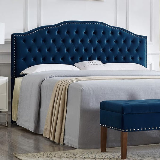 24KF Upholstered Button Tufted King Headboard with Nailhead Trim, Soft Velvet Fabric Headboard King/CA King - Navy