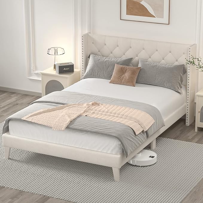 King Size Bed Frame with LED Lights, Upholstered Bed Frame with Wingback Diamond Tufted Headboard, Wood Slats Support, Noise-Free, Easy Assembly, No Box Spring Needed, Beige