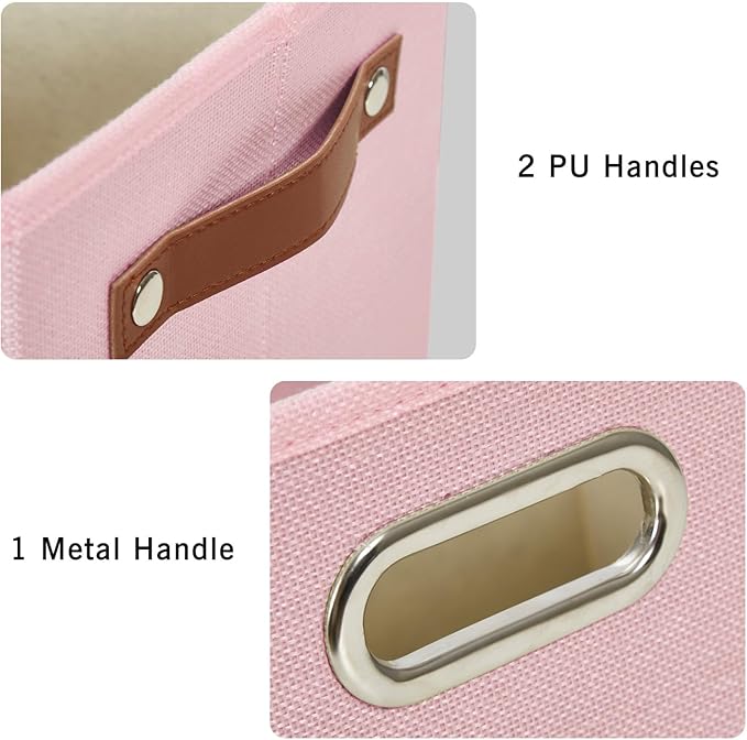 3-Pack Foldable Fabric Storage Bins with Durable PU & Metal Handles, Collapsible Storage Baskets for Shelves, Home Storage, Closet Organizers, Living Room(17"x11.8"x11.8", Pink)