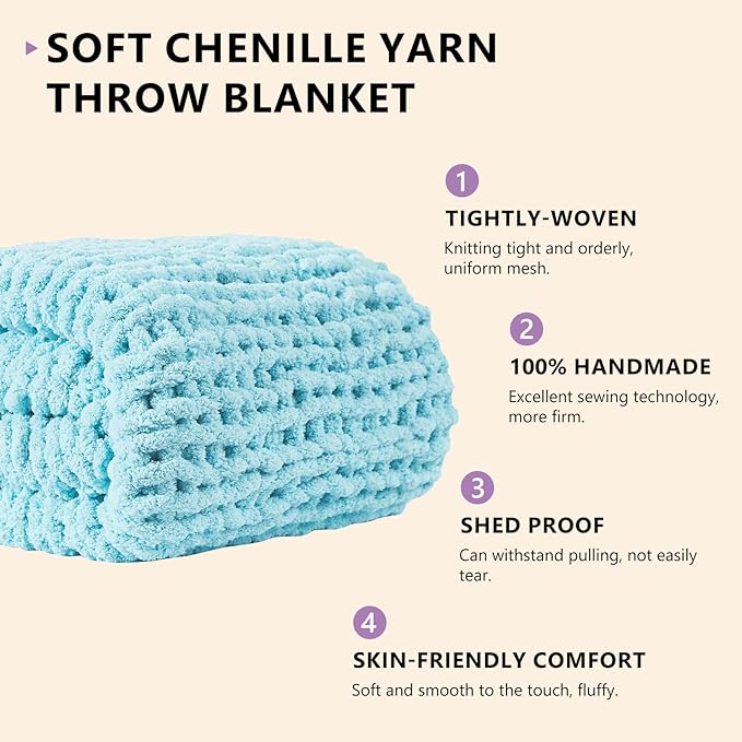 L'AGRATY Chunky Knit Blanket Throw - Soft Chenille Yarn Throw Blanket 30x40：Handmade Thick Cable Knit Crochet Blanket - Large Knit Blanket Chunky Rope Knot Throw Blanket for Couch Sofa Bed Home Decor