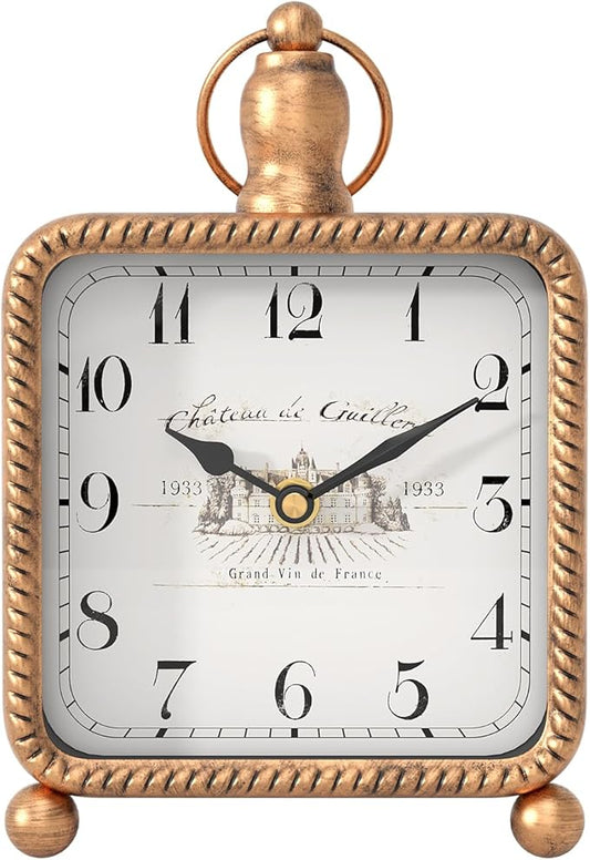 Vintage Gold Table Clock on Stand, Desk and Shelf Decor Clock, French Rustic Style Non-Ticking Mantel Clocks for Farmhouse, Living Room, Bedroom, Bedside, Gift (8.5" H x 5.5" W)
