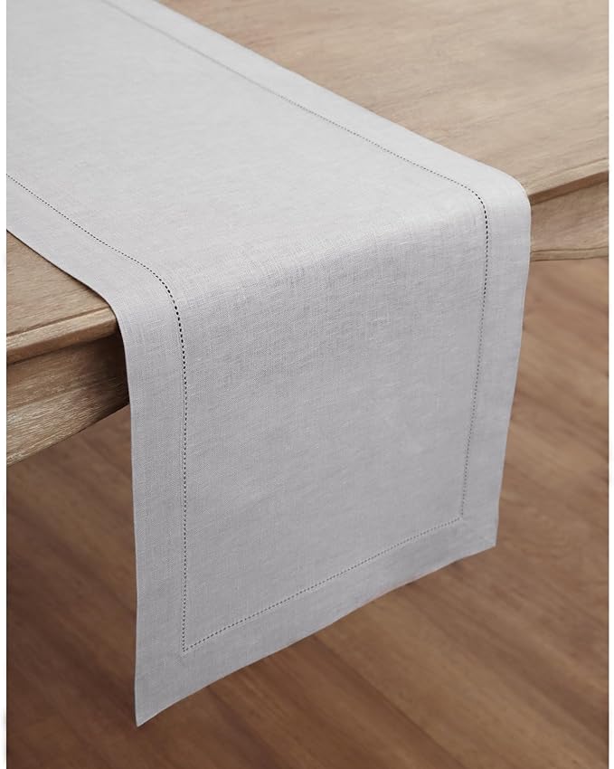 Solino Home Linen Soft Grey Table Runner 120 Inches Long - 100% Pure Linen Hemstitch 14 x 120 Inch Table Runner for Dining, Fall, Autumn, Thanksgiving - Classic Hemstitch