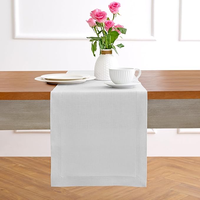 Solino Home Linen Table Runner 120 Inches Long - 100% Pure Linen Silver Cloud Dining Table Runner 14 x 120 Inch for Fall, Autumn, Thanksgiving - Fete