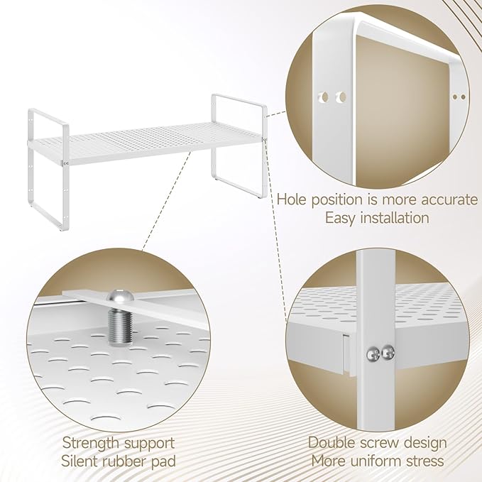 Hole Pattern Expandable Shelf Organizer,1Pack 10.2" Wide Easy to Assemble Cabinet Organizer Shelf, 16.5~27.1" Adjustable Height&Stackable Spice Organization for Cupboard, White