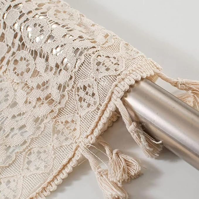 Sutuo Home Boho Sheer Curtain Valance Crochet Lace with Bohemian Hollow Knitted Handmade Tassels, Short Farmhouse Window Treatment for Kitchen Cafe, Rod Pocket, 1 Panel 59" W x 18" L, Beige