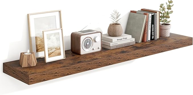 Heimlove 55 Inch Floating Shelves for Wall,10 Deep Large Rustic Brown Wall Shelf with Heavy Duty Brackets,Wall Mounted Storage & Display Shelves for Bedroom,Living Room,Kitchen,Office