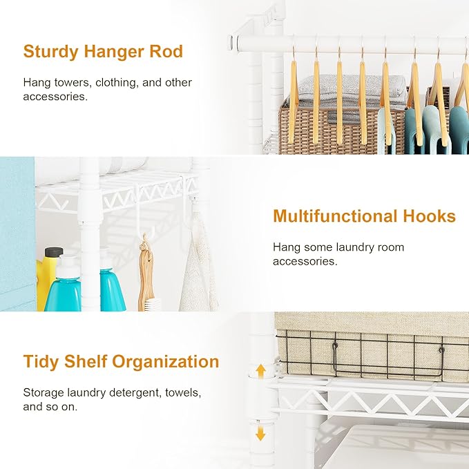 U14 Over Washer and Dryer Storage Shelves, 4 Tiers Laundry Room Storage and Organizer System, Space Saving Clothes Drying Rack with 2 Clothes Hanger Rods, 66.5" W x 20.5" D x 77.4" H, White