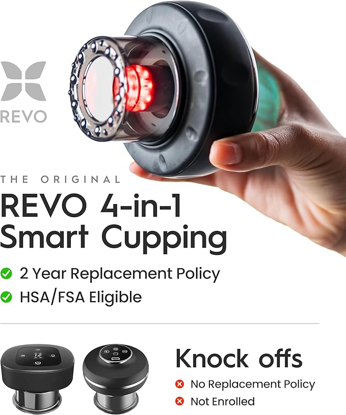 REVO The Original 4-in-1 Smart Cupping Therapy Massager, Red Light Therapy for Targeted Pain Relief, Knots, Aches, Muscle Soreness, Circulation & Tighter Skin, Portable Electric Massager- 2 Pack