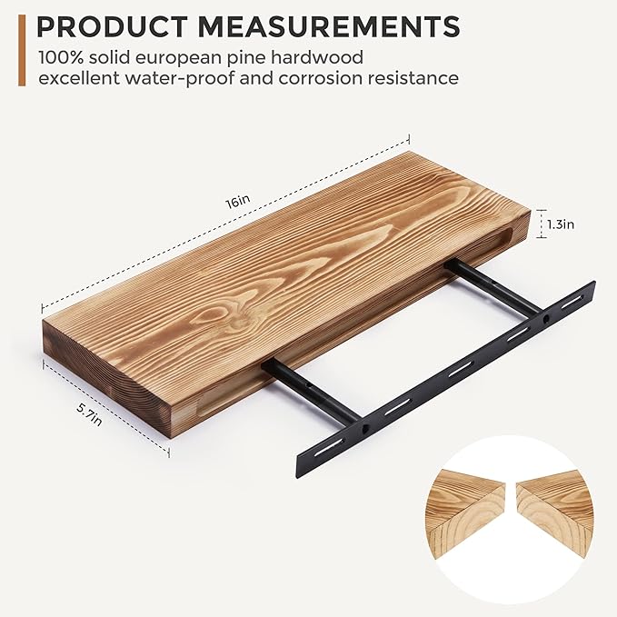Fun Memories European Pine Floating Shelves for Wall, Mounted Shelf for Decor Storage Set of 2 - Natural Rustic Wooden Wall Shelf for Kitchen Bathroom Living Room Bedroom Farmhouse - Carbonized