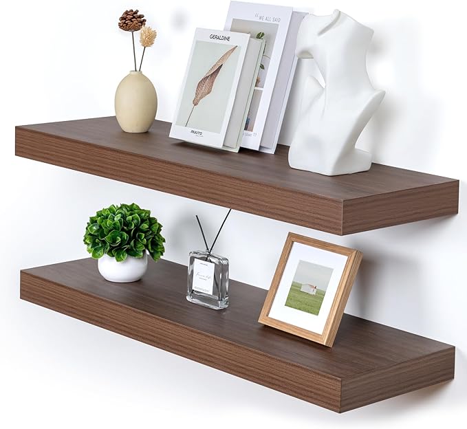 Deep Floating Shelves for Wall, 36'' x 12'' Rustic Large Floating Shelves Set of 2, 12 Inch Deep Walnut Wood Wall Shelves for Living Room Bathroom Laundry Room Bedroom Kitchen Home Office - Walnut