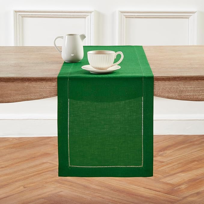 Solino Home Linen Garden Green Table Runner 90 Inches Long - 100% Pure Linen Hemstitch 14 x 90 Inch Table Runner for Dining - Classic Hemstitch