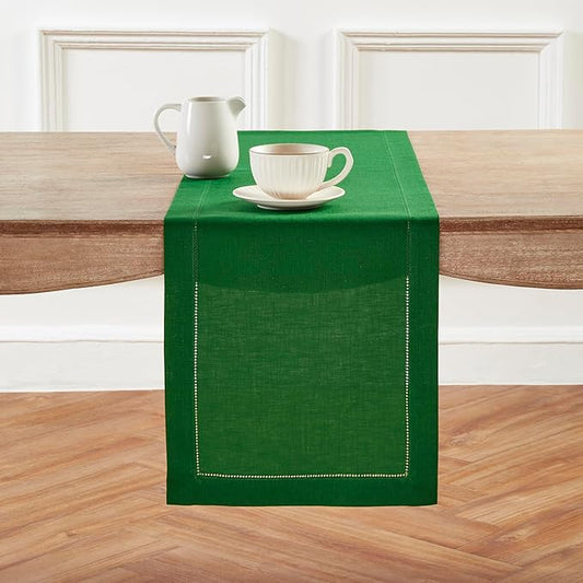 Solino Home Linen Table Runner 60 Inches - 100% Pure Linen Garden Green Hemstitch Table Runner 14 x 60 Inch Ideal for Dresser and Coffee Tables - Classic Hemstitch