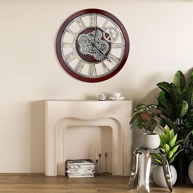 HOIBAI Farmhouse Vintage Industrial Oversized Wall Clock - 24 in (60cm) Moving Gear Wall Clock for Living Room Decor