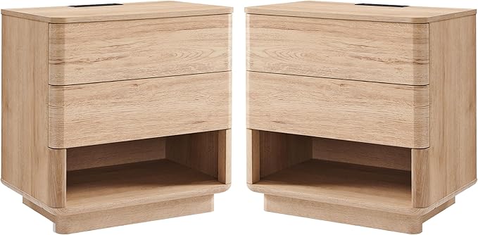 Nightstand Set of 2 with Charging Station, 22" Large Modern Bedside Table with 2 Drawers Storage,Push-to-Open End Table for Bedroom,Living Room,Natural Oak