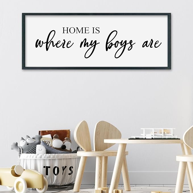 SRSZHIYUE Home Is Where My Boys Are Sign 32"×12" New Mothers Day Gifts ideas Wall Art for kids Playroom Mom Quote Bedroom Large Wood Framed Wall Hanging Decor (Black)